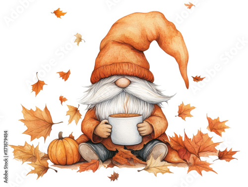 Whimsical autumn gnome holding a warm drink amidst falling leaves