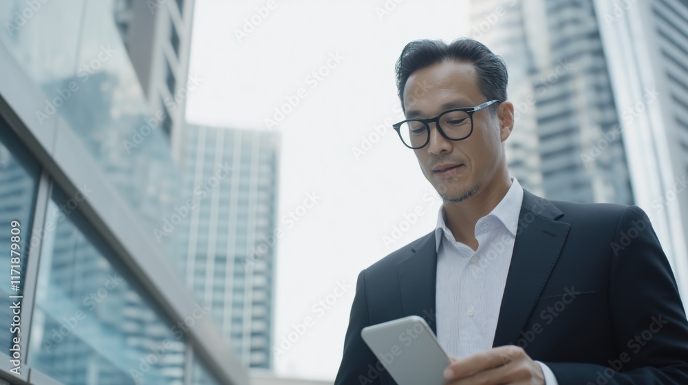 Business professional with glasses checks smartphone while walking in urban environment during daytime. Business professional with glasses checks smartphone while walking in urban environment during daytime.