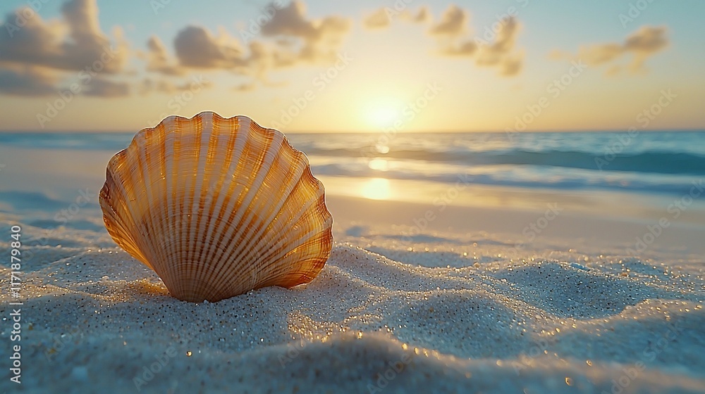 Seashell on sandy beach at sunset. Seashell on sandy beach at sunset.