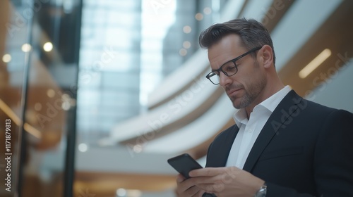 Businessman in formal attire engaged with smartphone in modern office atrium during daytime.