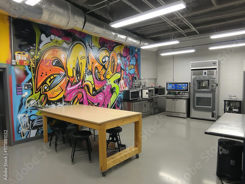 Graffiti Mural in a Creative Robotics Lab: Periwinkle Themes photo