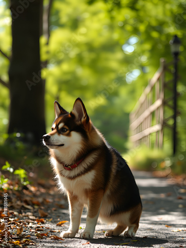 portrait d'un akita adulte, joli, assis , dans un chemin sous un soleil estival photo