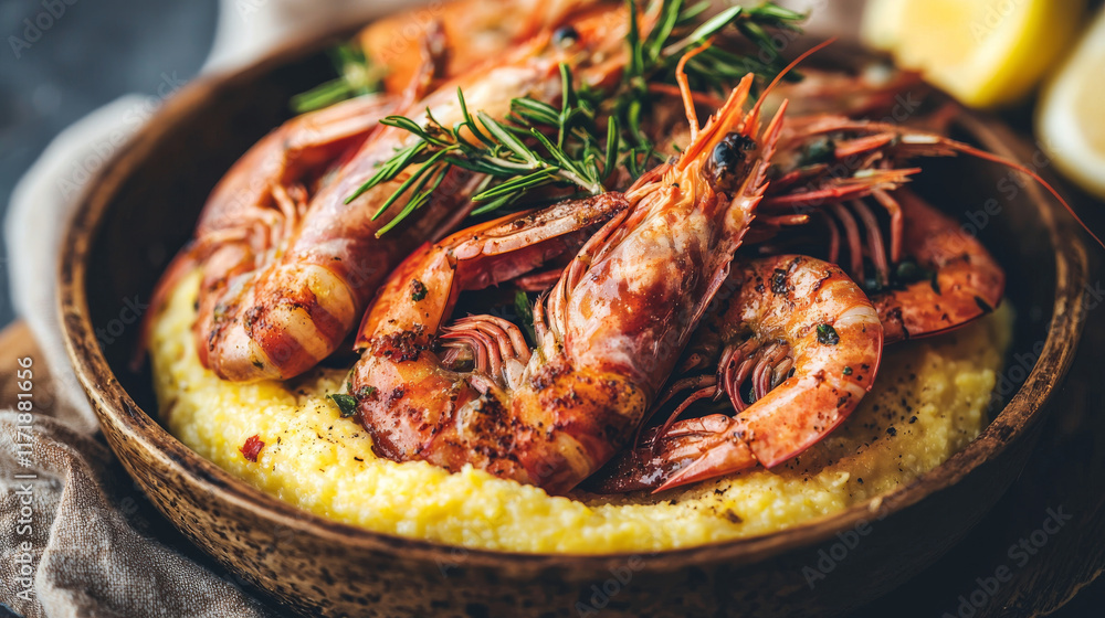 Grilled Shrimp on Creamy Polenta with Rosemary Garnish at Venetian Carnival - Concept of Gourmet Dining, Seafood Delights, Culinary Art, and Festive Celebrations Grilled Shrimp on Creamy Polenta with Rosemary Garnish at Venetian Carnival - Concept of Gourmet Dining, Seafood Delights, Culinary Art, and Festive Celebrations