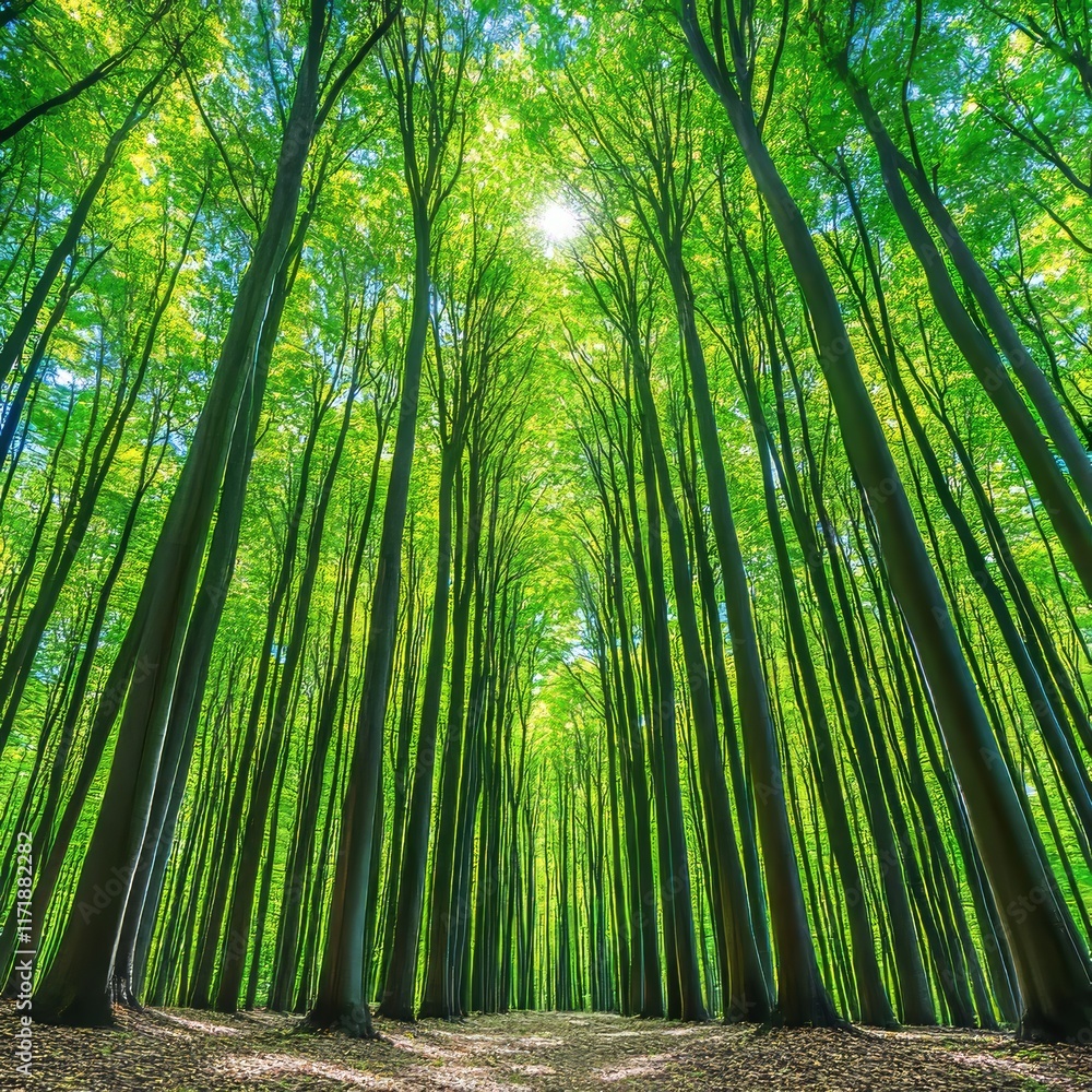 In a spherical panorama, the forest reveals a breathtaking upwards view all the way to the treetops In a spherical panorama, the forest reveals a breathtaking upwards view all the way to the treetops