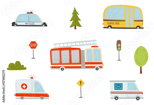 Set of cute cartoon cars. Ambulance, fire truck, police, mail car, road signs, traffic light isolate on white background. Vector clip art