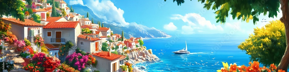 Naklejka premium Beautiful Mediterranean seaside town with bright sunlight and vibrant summer atmosphere