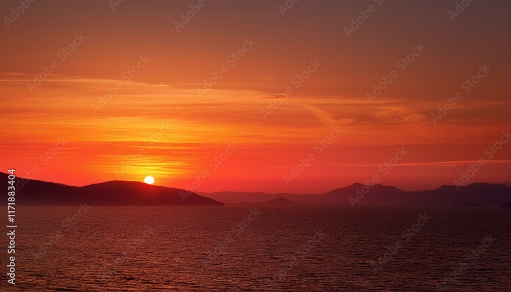 Fiery sunset over tranquil ocean and silhouetted mountains. Fiery sunset over tranquil ocean and silhouetted mountains.