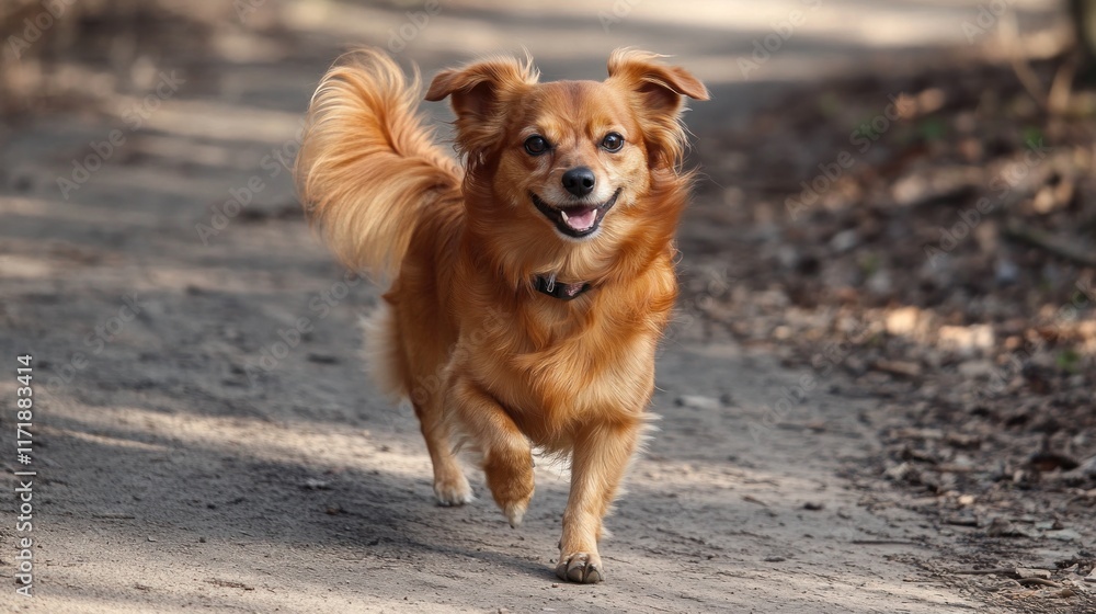 A cheerful dog running along a dirt path in a natural setting. A cheerful dog running along a dirt path in a natural setting.