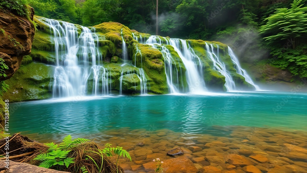 Fototapeta premium Mossy Waterfall Cascades Into Turquoise Pool