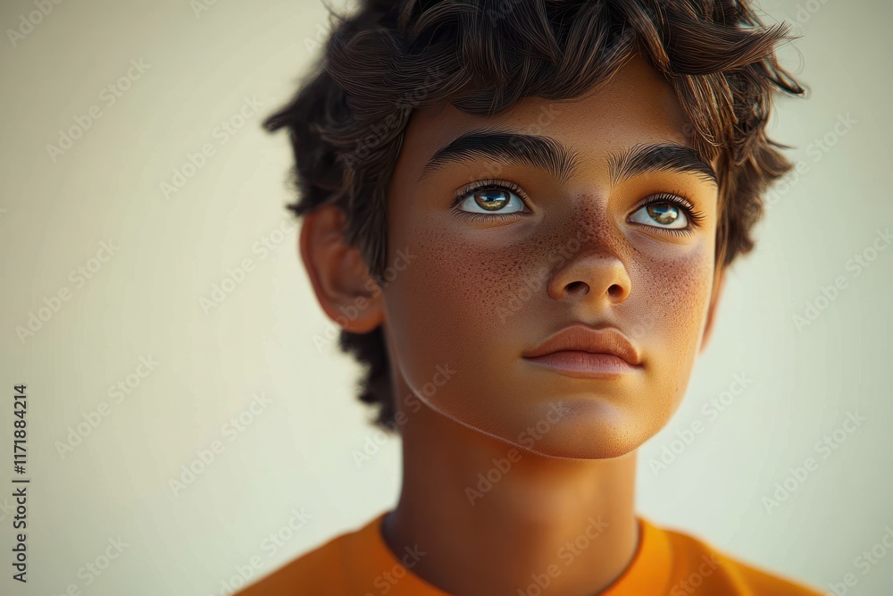 Thoughtful young man in orange shirt pondering question doubt expression close-up portrait in soft lighting minimalist background Thoughtful young man in orange shirt pondering question doubt expression close-up portrait in soft lighting minimalist background
