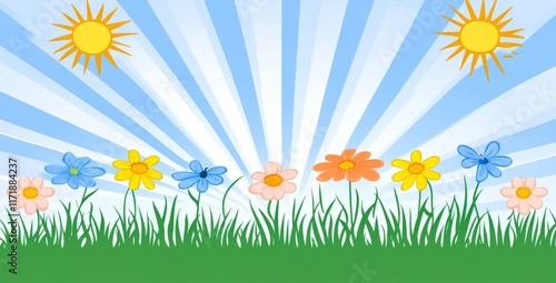 a natural abstract scene with spring grass and daisy wildflowers