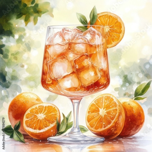 Vibrant Watercolor Cocktail Glass with Ice and Orange Slices