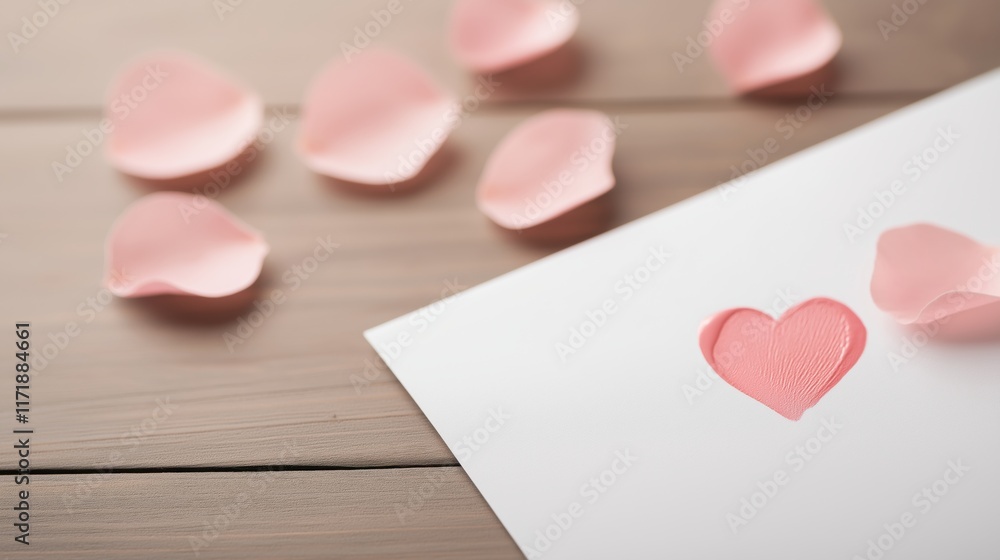 Romantic heart drawing with pink petals scattered on wooden surface for special occasions and celebrations. Romantic heart drawing with pink petals scattered on wooden surface for special occasions and celebrations.