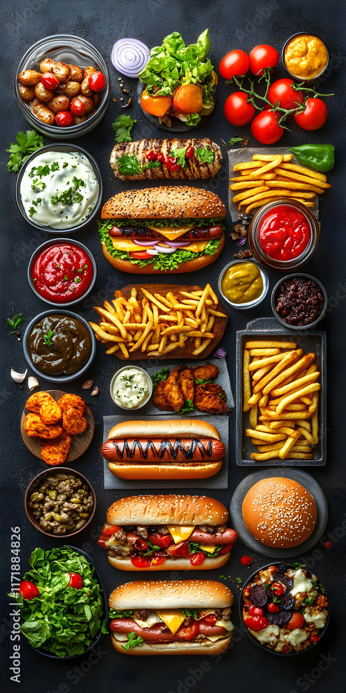 Fototapeta premium Overhead view of assorted fast food items including hot dogs, burgers, fries, and various toppings and sauces.