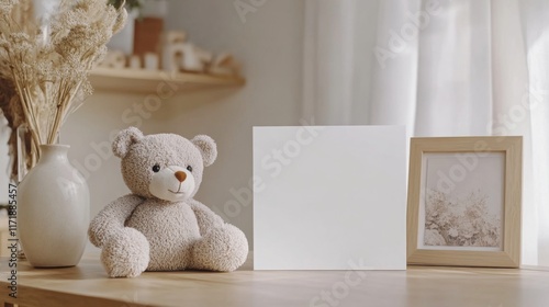 Baby  Bear Nursery frame mockup, vertical white wooden frame  for baby room art, baby shower announcement, top view, flat lay