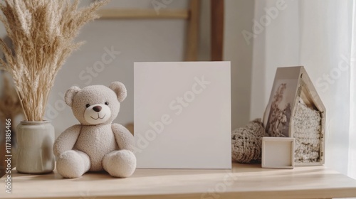Baby  Bear Nursery frame mockup, vertical white wooden frame  for baby room art, baby shower announcement, top view, flat lay