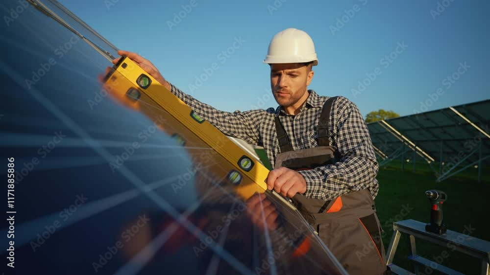 A dedicated technician uses a level tool to ensure the solar panels are correctly aligned for optimal energy production on a bright A dedicated technician uses a level tool to ensure the solar panels are correctly aligned for optimal energy production on a bright