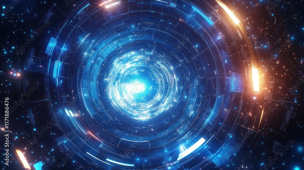 Obraz premium Futuristic Blue Light Portal with Geometric Patterns and Cosmic Background