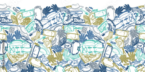 Vector white seamless chaotic overlap doodle sketch horizontal border pattern with objects for trekking and hiking. Suitable for posters and trekking brochures.