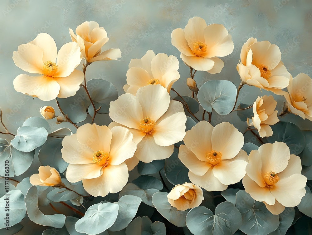 Pale yellow flowers with gray-green leaves in a soft, artistic arrangement. Pale yellow flowers with gray-green leaves in a soft, artistic arrangement.