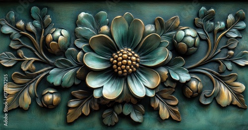 Deep Green Floral Pattern Art Nouveau Design with Intricate Flowers and Plants