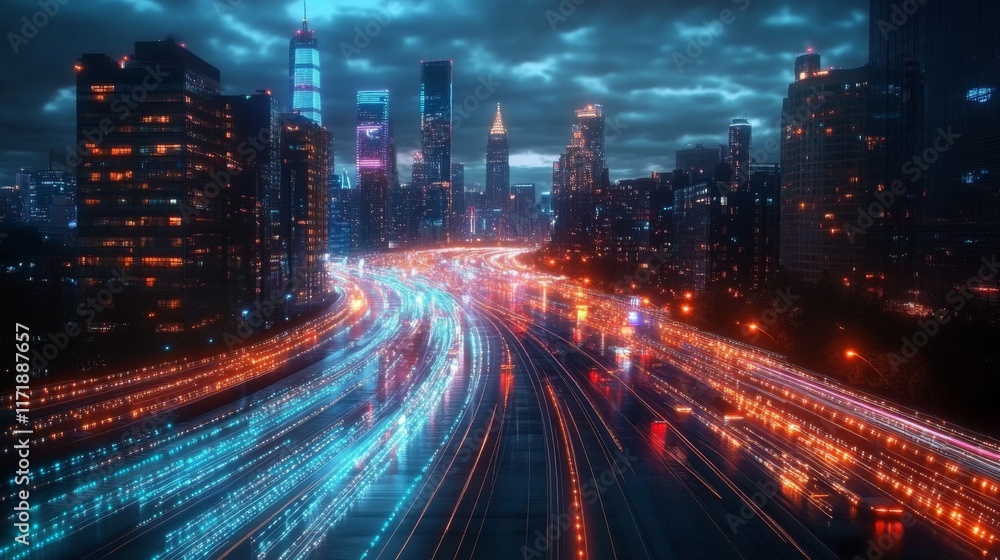 Smart city digital transformation development concept. Band lights over modern urban cityscape at night Smart city digital transformation development concept. Band lights over modern urban cityscape at night