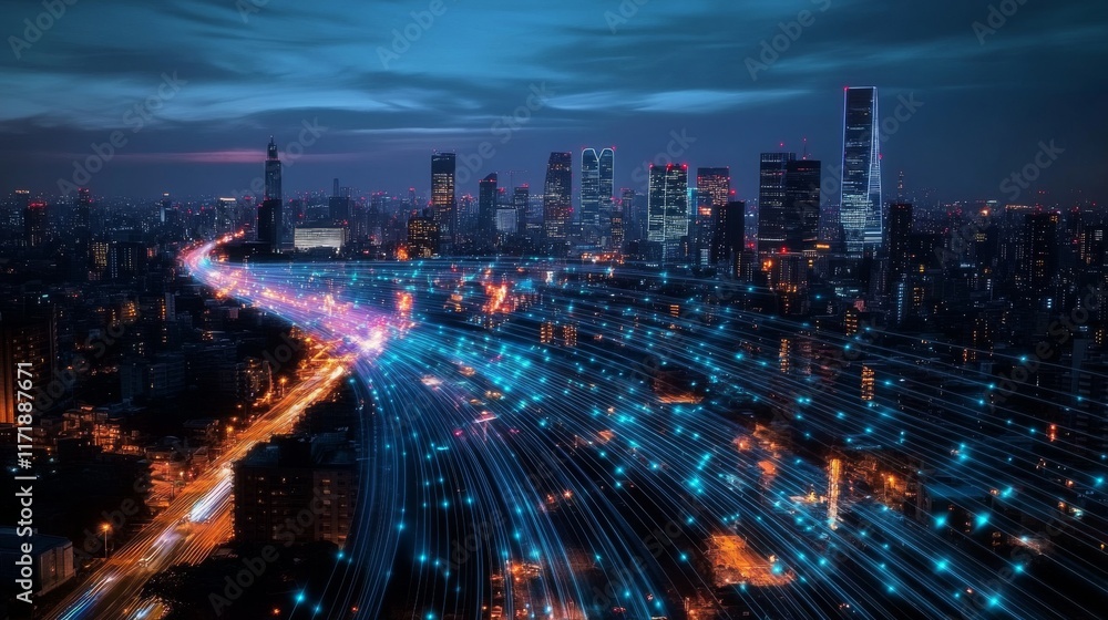Smart city digital transformation development concept. Band lights over modern urban cityscape at night Smart city digital transformation development concept. Band lights over modern urban cityscape at night