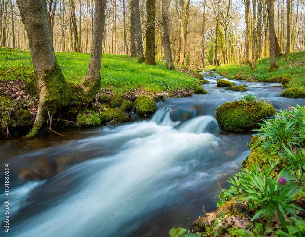 Sparkling Stream Flowing through a Spring Landscape Sparkling Stream Flowing through a Spring Landscape