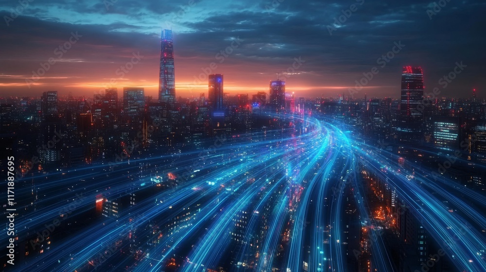 Smart city digital transformation development concept. Band lights over modern urban cityscape at night Smart city digital transformation development concept. Band lights over modern urban cityscape at night