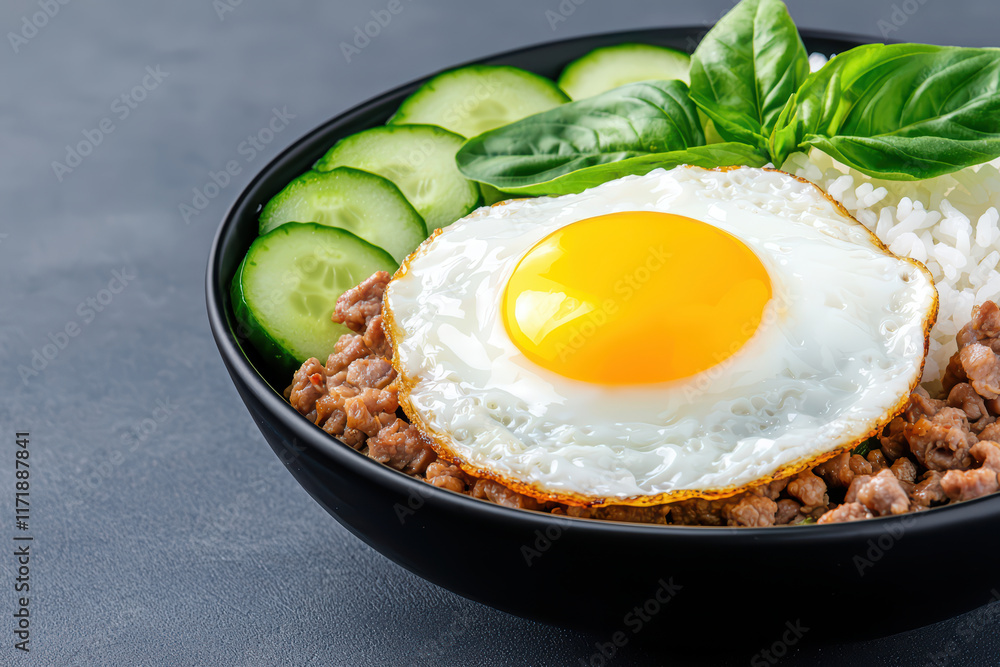 Delicious bowl of rice with ground meat and fried egg Delicious bowl of rice with ground meat and fried egg