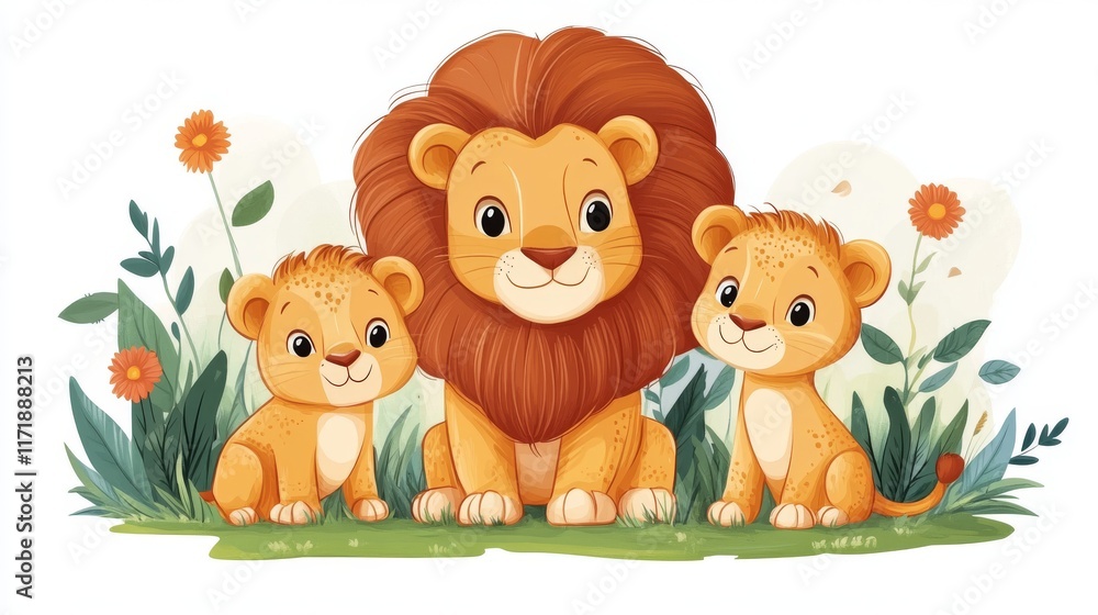 cute family of lions stands on a green meadow on a white background cute family of lions stands on a green meadow on a white background