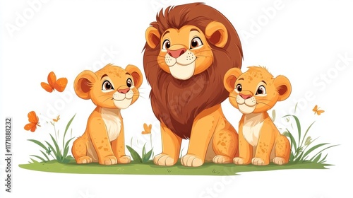cute family of lions stands on a green meadow on a white background