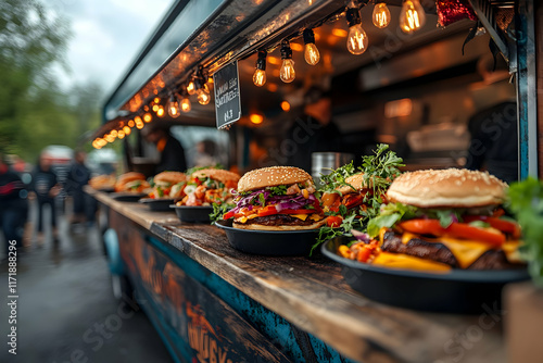Gourmet burgers displayed on a food truck counter, ready for sale.