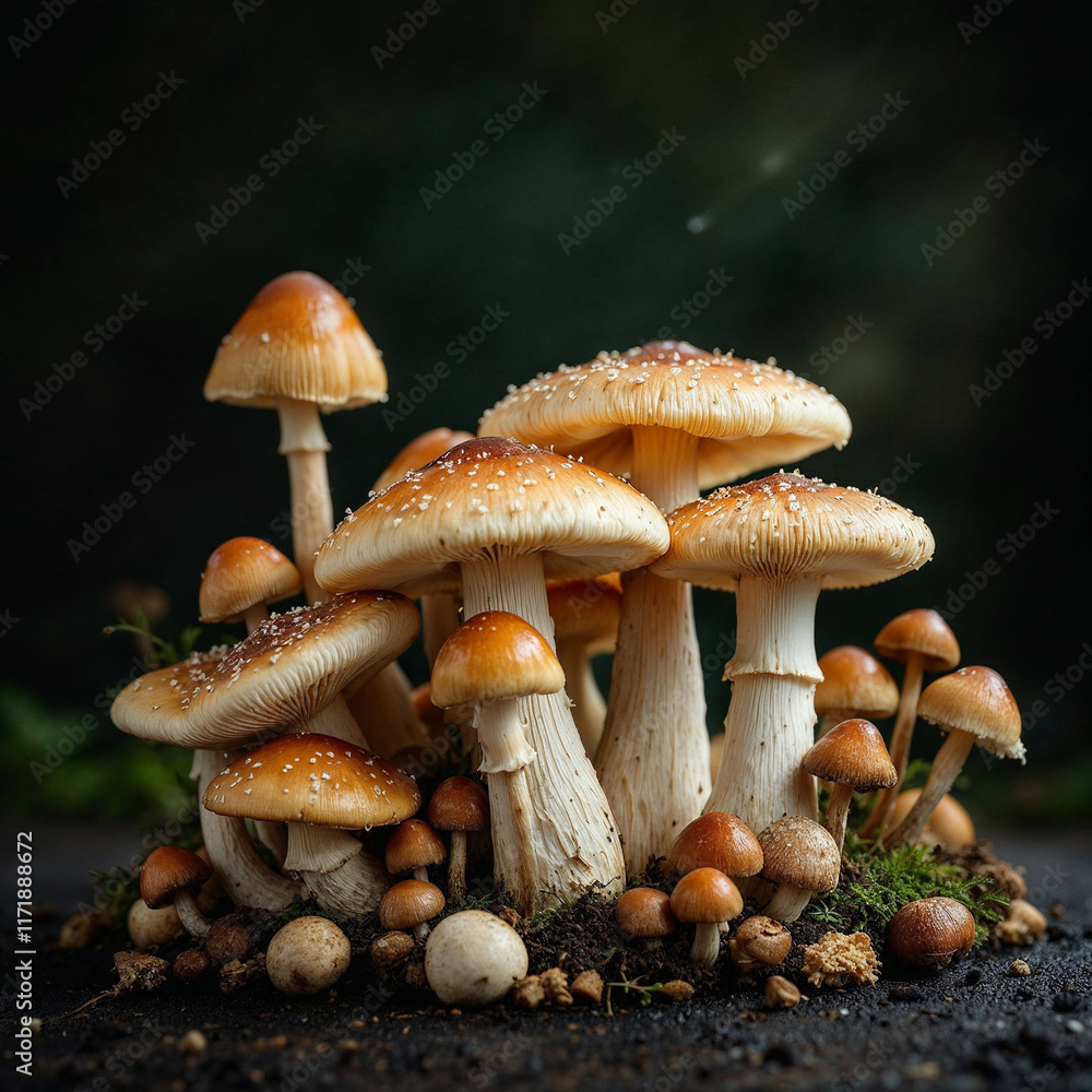 Obraz premium Concept photo of mushrooms, mushroom photography