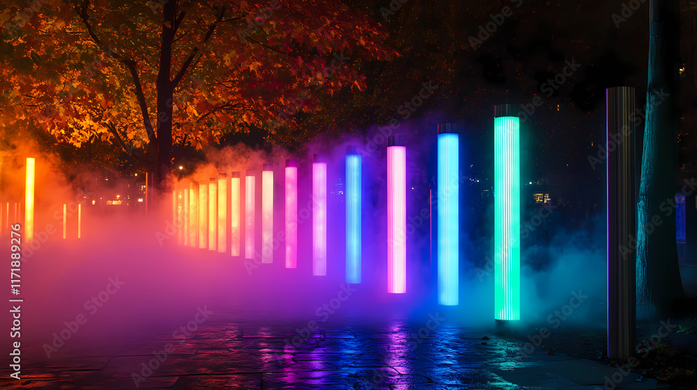 Colorful LED-Lit Barriers Lining a Fog-Filled Outdoor Scene Colorful LED-Lit Barriers Lining a Fog-Filled Outdoor Scene