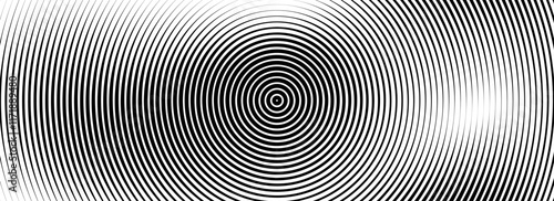 Black concentric circle texture. Radial geometric pattern background. Line epicenter, radar or target concept. Round rippled ring wallpaper for brochure, template, poster, overlay. Vector