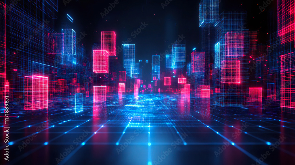 Floating digital cubes in a futuristic network environment with bright red and blue tones. Generated with AI. Floating digital cubes in a futuristic network environment with bright red and blue tones. Generated with AI.