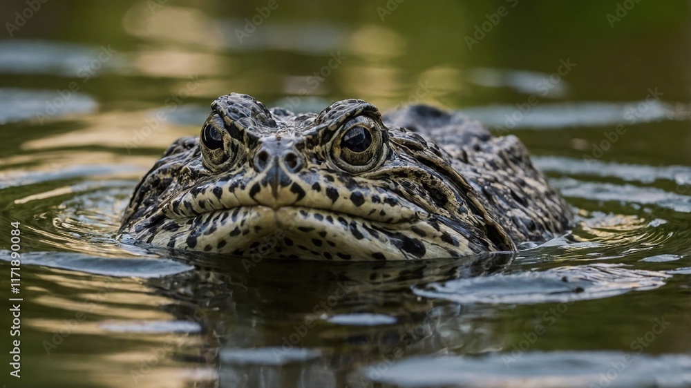 Primer plano de una rana parcialmente sumergida en el agua, mostrando los patrones y texturas de su piel Primer plano de una rana parcialmente sumergida en el agua, mostrando los patrones y texturas de su piel