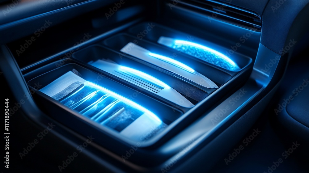 Illuminated car center console with storage trays and documents. Illuminated car center console with storage trays and documents.