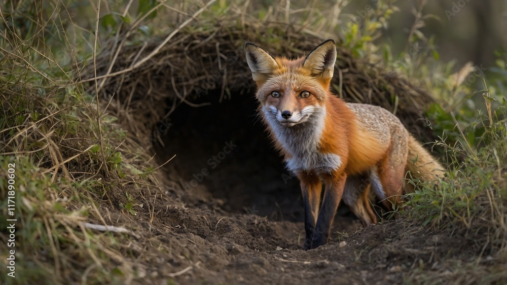 Naklejka premium Adorable zorro en la entrada de su madriguera, rodeado de vegetación, en un ambiente natural