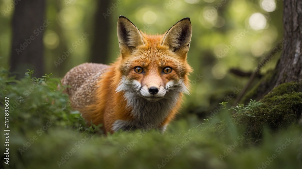 Fototapeta premium Zorro de pelaje marrón rojizo en un bosque verde y exuberante, destacando su hábitat natural y la tranquilidad del entorno