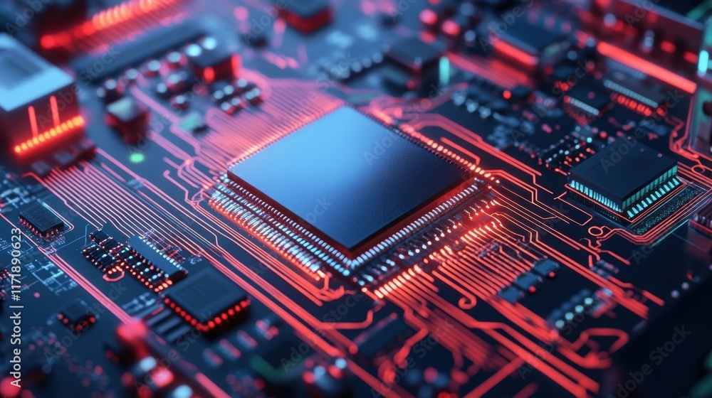 Close up view of a cpu processing data on a motherboard, featuring glowing red circuits, highlighting the complex and intricate nature of modern computer hardware Close up view of a cpu processing data on a motherboard, featuring glowing red circuits, highlighting the complex and intricate nature of modern computer hardware