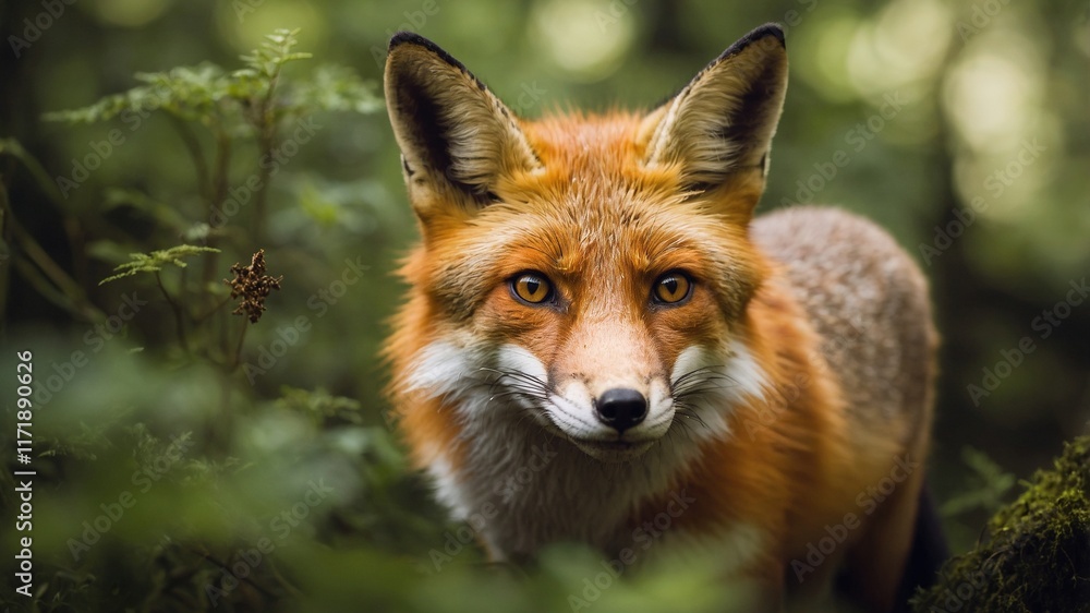 Zorro en un ambiente natural, resaltando su pelaje distintivo y el verdor del bosque circundante Zorro en un ambiente natural, resaltando su pelaje distintivo y el verdor del bosque circundante