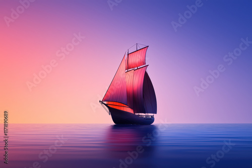 Sailing ship with red sails on calm water at sunset
