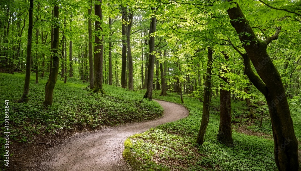 A Winding Path through a Forest of Fresh Green Leaves A Winding Path through a Forest of Fresh Green Leaves