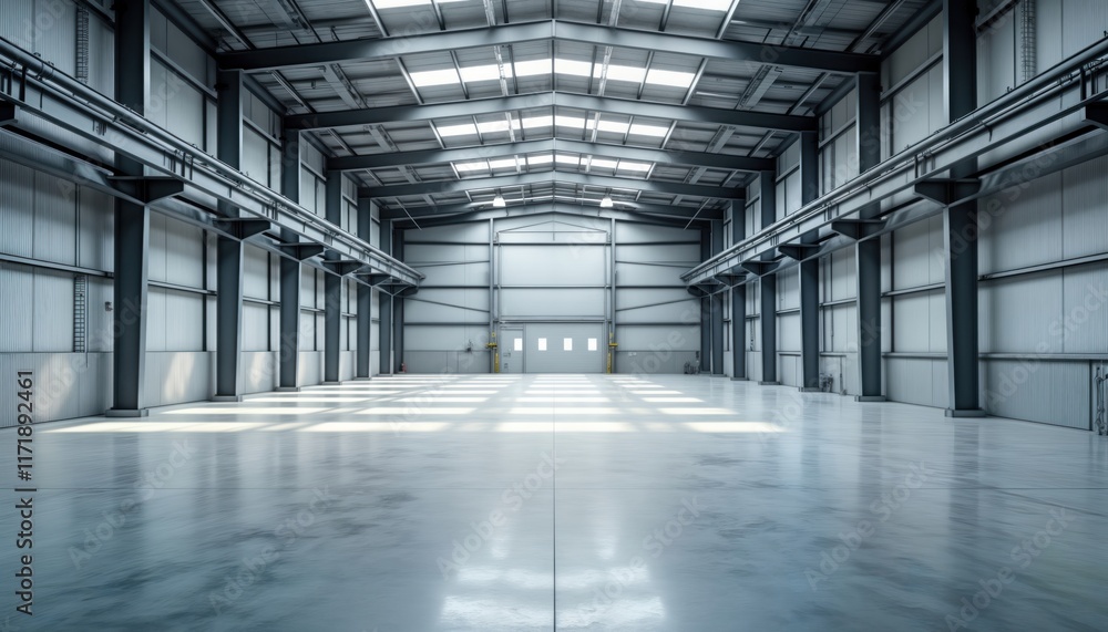 Empty modern industrial warehouse. Large interior space with concrete floor, metal structure. Clean lines, steel support beams. Interior looks spacious, ready for use. Light from above illuminates Empty modern industrial warehouse. Large interior space with concrete floor, metal structure. Clean lines, steel support beams. Interior looks spacious, ready for use. Light from above illuminates