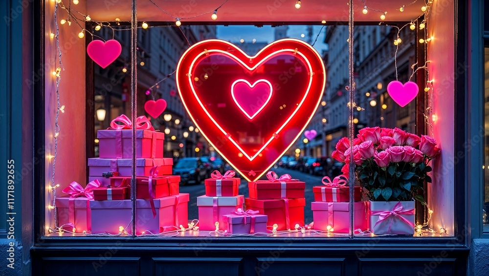 Fototapeta premium A chic storefront window decorated for Valentine’s Day exudes romance and urban charm. The centerpiece is a large, glowing neon heart in vibrant red and pink, casting a warm glow on the display