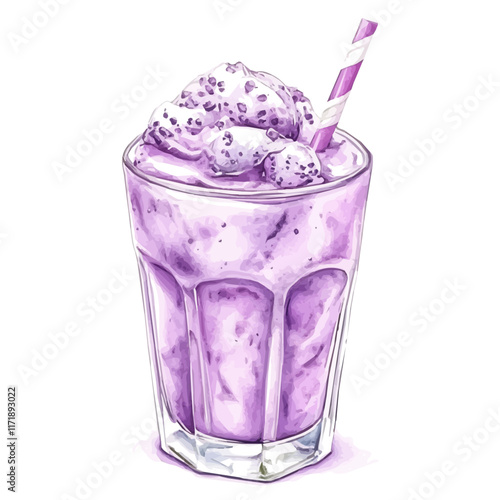 A watercolor vector painting of an Iced Taro Smoothie, isolated on a white background. Iced Taro Smoothie vector.

