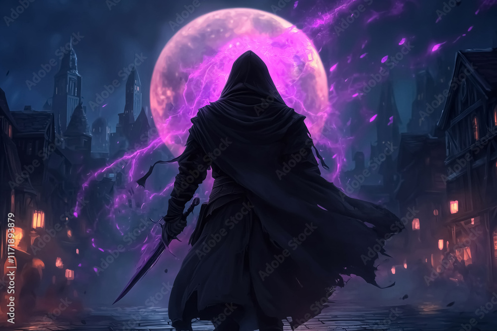 Hooded Warrior Under Glowing Pink Moon in Mystical Medieval Town - Dark Fantasy Concept Hooded Warrior Under Glowing Pink Moon in Mystical Medieval Town - Dark Fantasy Concept
