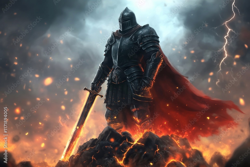 Dark Knight with Glowing Sword Standing on Burning Peak - Epic Fantasy Warrior Concept Dark Knight with Glowing Sword Standing on Burning Peak - Epic Fantasy Warrior Concept